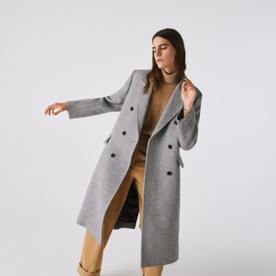 Abrigos Lacoste Double-Breasted Chevron Long Wool Blend Mujer Blancos Grises | 10YVKARMO