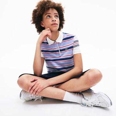 Camisa Polo Lacoste Classic Fit Striped Algodon Mujer Azules Morados | 43HQCFLYI