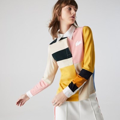 Camisa Polo Lacoste LIVE Colorblock Rugby Mujer Beige Blancos | 65JIRLGQO