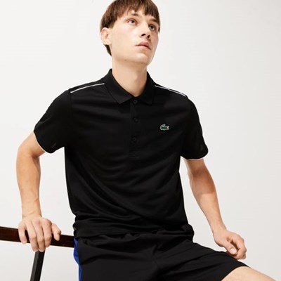 Camisa Polo Lacoste SPORT Contrast Piping Respirable Piqué Hombre Negros Blancos | 82EDTWHFP