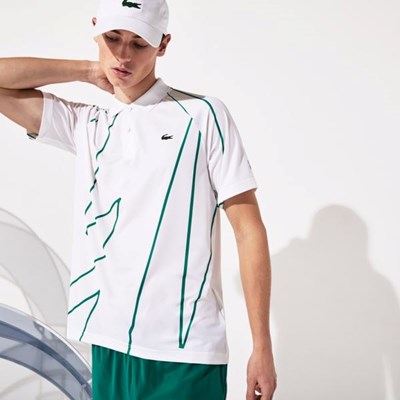 Camisa Polo Lacoste SPORT Novak Djokovic Printed Respirable Hombre Blancos Verdes | 89NFRVIKT