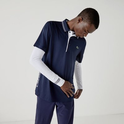 Camisa Polo Lacoste SPORT Signature Respirable Golf Hombre Azul Marino Blancos | 68OJGTKCI