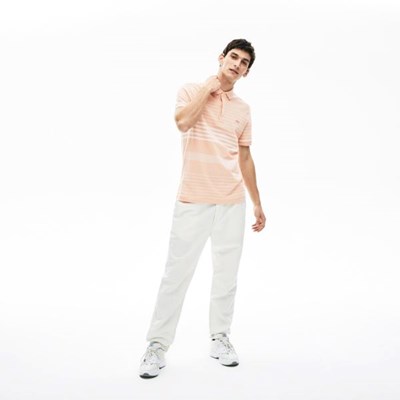 Camisa Polo Lacoste Striped Linen And Algodon Regular Fit Hombre Rosas Blancos | 58DCEQJLG
