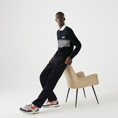 Camisas Lacoste Héritage Striped Thick Algodon Rugby Hombre Azul Marino Blancos | 52FIOSPGD