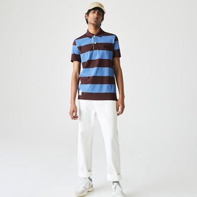 Camisas Lacoste Regular Fit Striped Algodon Piqué Hombre Marrom Azules | 47JHSKVBO