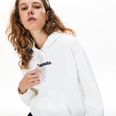 Camisas Lacoste Signature Anchos Encapuchado Fleece Mujer Blancos | 96KRQFEJG