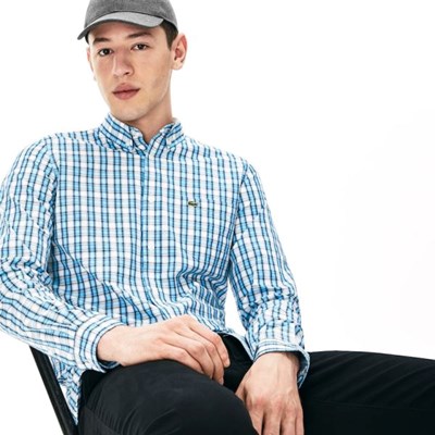 Camisas Lacoste Slim Fit Algodon Oxford Hombre Blancos Azules | 47RDOKMLT