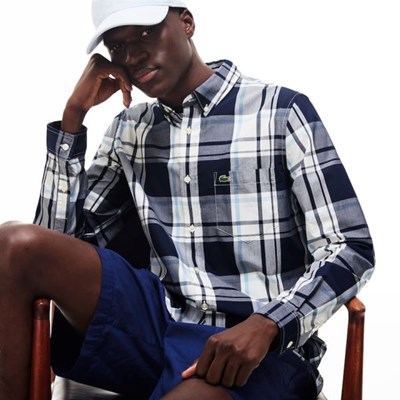 Camisas Lacoste Slim Fit Algodon Poplin Hombre Azul Marino Blancos | 25CUANYTQ
