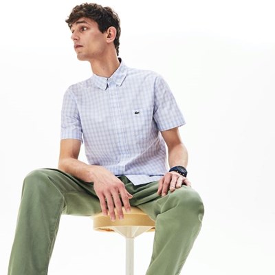Camisas Lacoste Slim Fit Corta-Sleeve Wool Hombre Blancos Azules | 49IEQLWPD