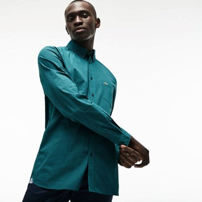 Camisas Lacoste Slim Fit Gingham Stretch Algodon Poplin Hombre Verdes | 39PZMJCIB