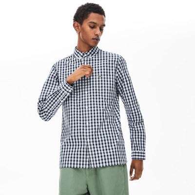 Camisas Lacoste Slim Fit Long-Sleeve Wool Hombre Blancos Azul Marino | 96STGURHW