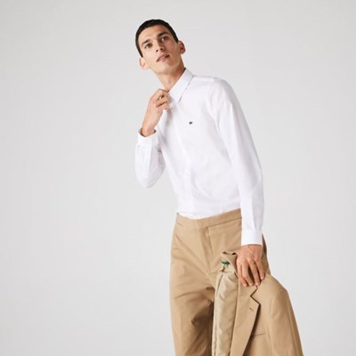 Camisas Lacoste Slim Fit Stretch Algodon Poplin Hombre Blancos | 13IVXRGLP