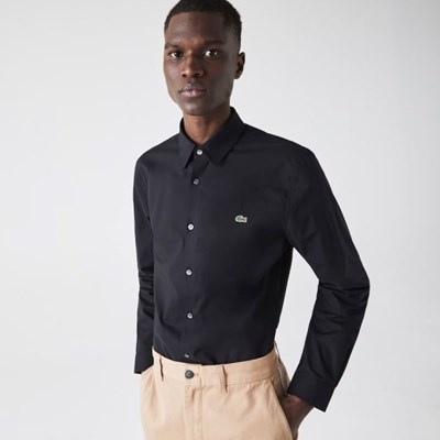 Camisas Lacoste Slim Fit Stretch Algodon Poplin Hombre Negros | 58GPWRQIO