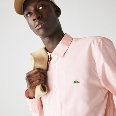 Camisas Lacoste Slim Fit Stretch Algodon Poplin Hombre Rosas | 85TOSUGPH