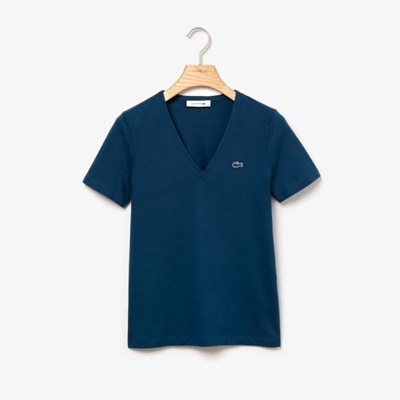 Camisas Lacoste Slim Fit V-Neck Algodon Jersey Mujer Azules | 47UMAIHGZ