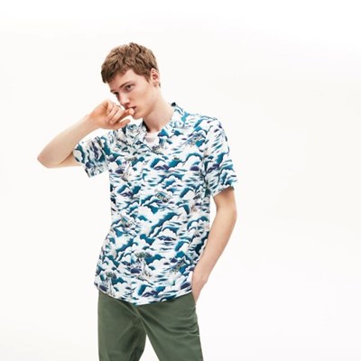 Camisas Lacoste Southern France Print Algodon Hawaiian Fit Hombre Azules Rosas Blancos | 97VZOSMYH