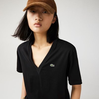 Camisas Lacoste V-Neck Premium Algodon Mujer Negros | 67GSFHAIJ